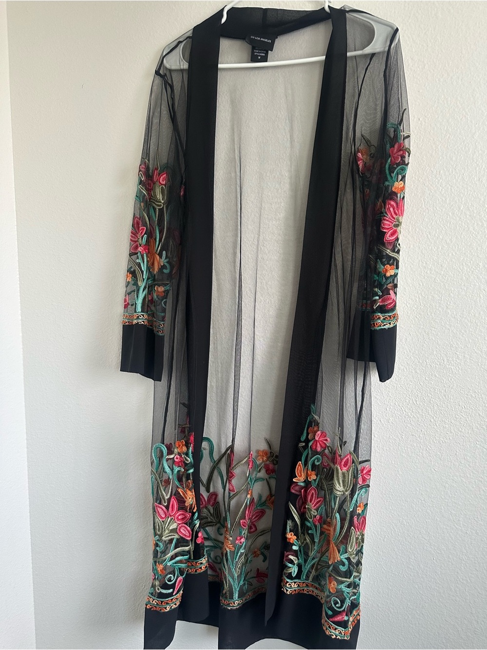 Summer Black Mesh Floral Embroidered Long Beach Duster LongSleeve Cardigan M